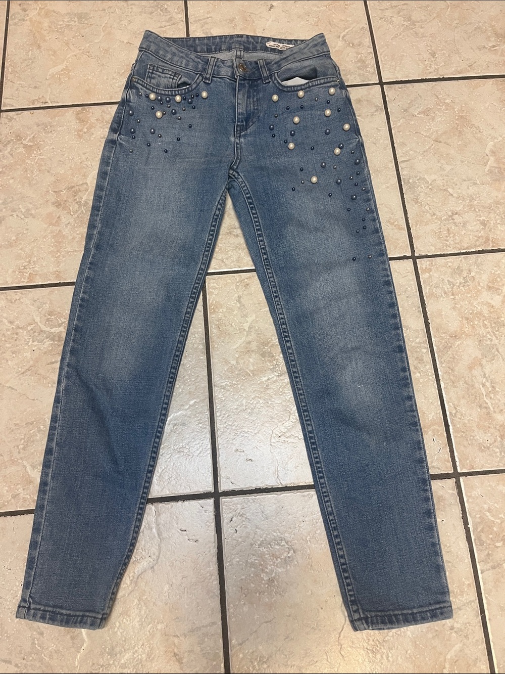Zara Pearl/black/blue Pearl Embellished Blue Jeans 24